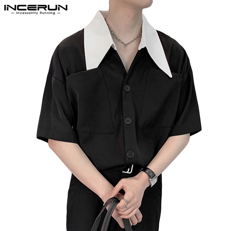 Áo sơ mi ngắn tay INCERUN phối màu tương phản thời trang công sở cho nam