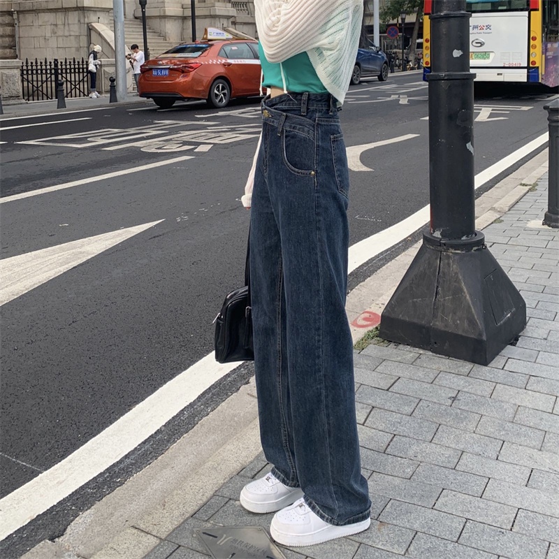 Xiaozhainv Quần jeans lưng cao dáng rộng phong cách Hàn Quốc dành cho nữ