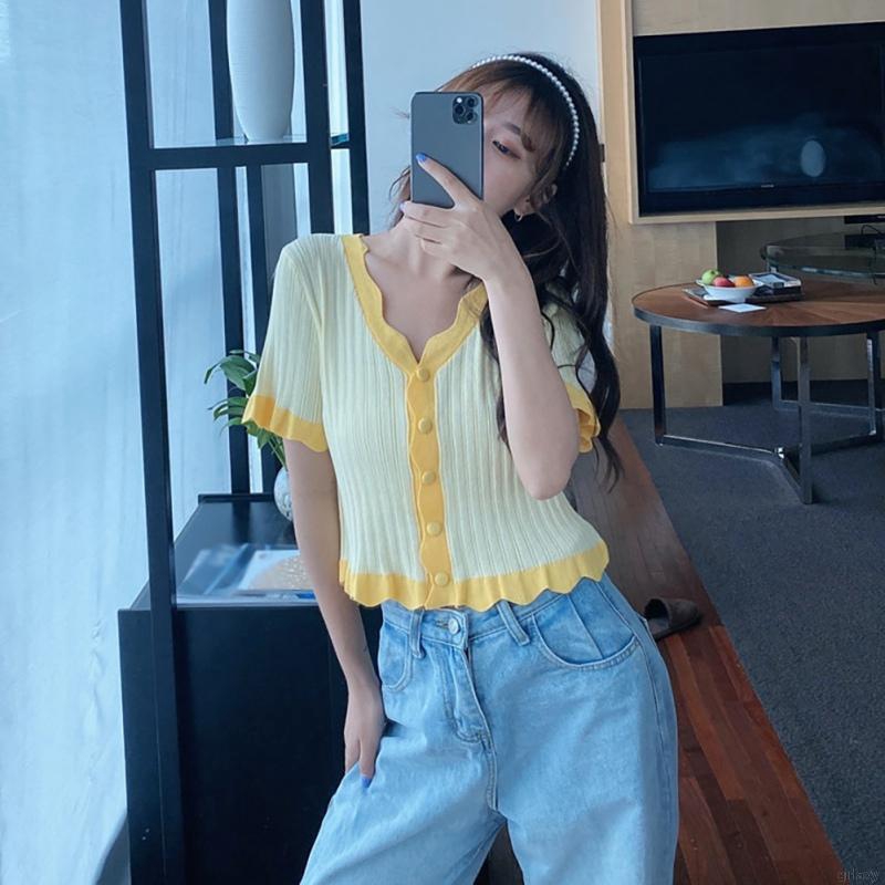 Áo Cardigan Dệt Kim Tay Ngắn Cổ Chữ V Dáng Rộng Phong Cách Hàn Quốc