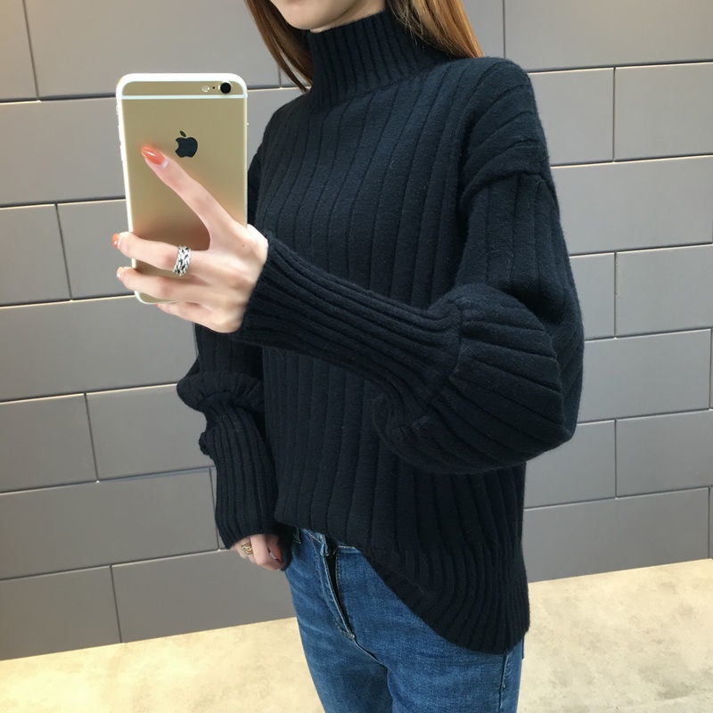 Áo sweater dệt kim cổ lọ tay lồng đèn dáng rộng phong cách Hàn Quốc thời trang thu đông mới cho nữ