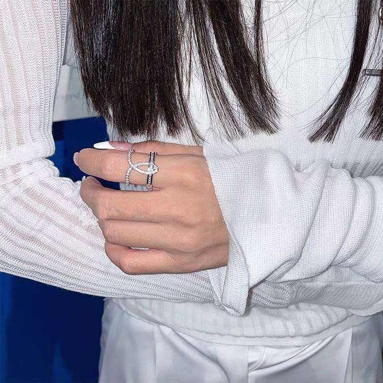 Nhẫn Etrendy hở hai lớp đính đá zircon hình học sang trọng có thể điều chỉnh cho nữ thiết kế bề mặt rỗng