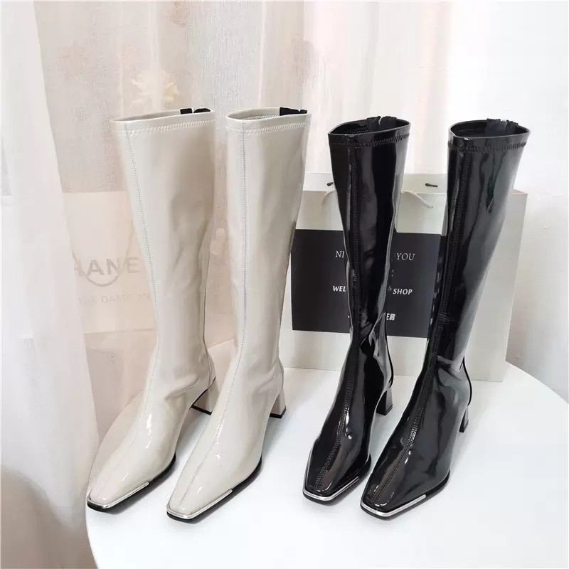 (sẵn kem 36) Boot nữ da bóng cao cổ 2 màu đen và trắng