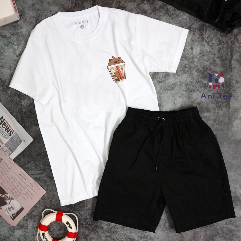Combo Áo Thun + Short Kaki Ly Trà Sữa 3 Chú Gấu Hoạt Hình Cute