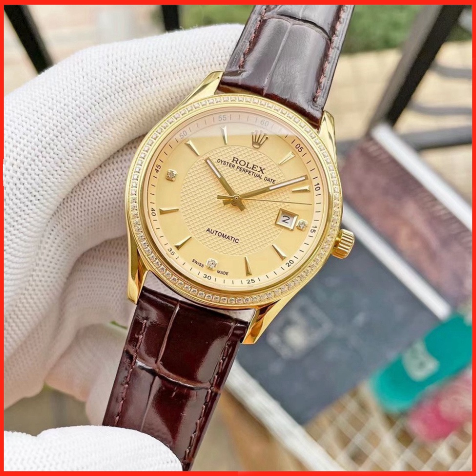 Đồng hồ nam viền đá cao cấp 2022 thiết kế sáng trọng tinh tế dây da bóng cao cấp máy automatic kim trôi-rolex viền đá