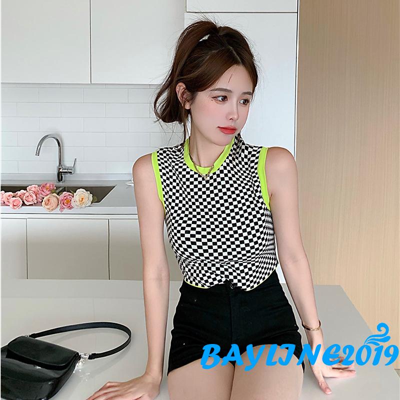 Áo lửng không tay họa tiết caro thời trang quyến rũ cho nữ