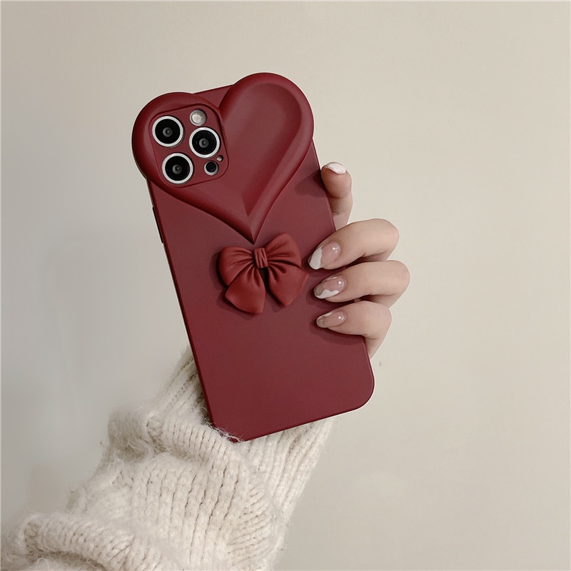 Ốp điện thoại TPU mềm siêu mỏng đính nơ màu đỏ rượu vang thời trang cho IPhone 13 12 11 Pro Max X XR8 7 Plus