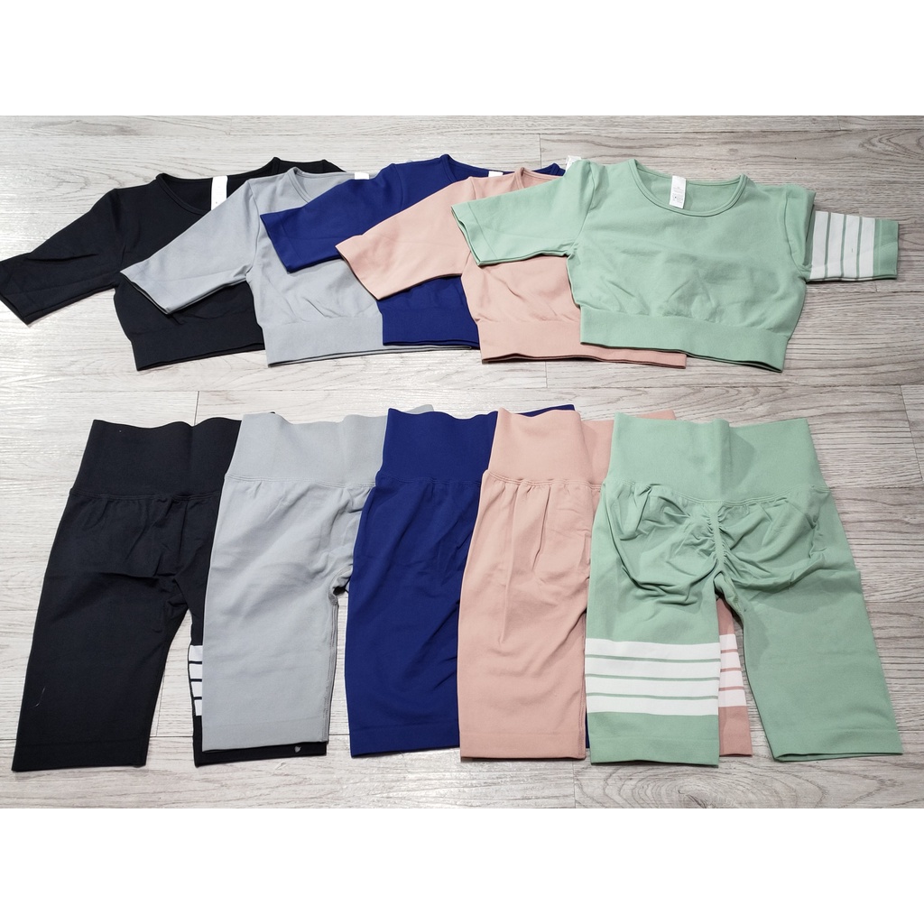 Set bộ đồ tập gym yoga nữ dệt kim áo crop ngắn tay, quần đùi ngố chun mông cao cấp Bin Sports BL023