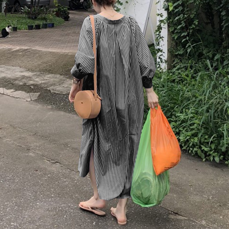 Đầm dài Zanzea tay 3/4 cổ tròn xẻ tà kẻ sọc thời trang dành cho nữ
