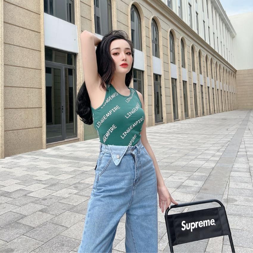 Quần bò ống rộng JEAANY JEAN cạp cao không co giãn quần jean baggy nữ màu xanh nhạt 5033