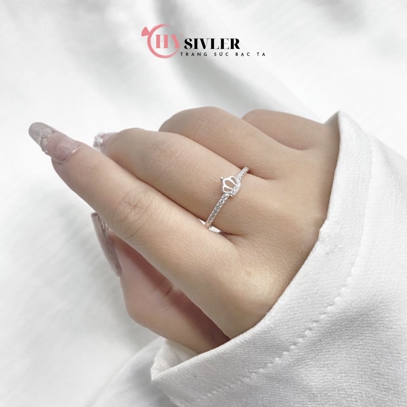 Nhẫn bạc ta vương miện đính đá nhỏ xinh 1 hàng đá nhẫn nữ bạc thật giá rẻ