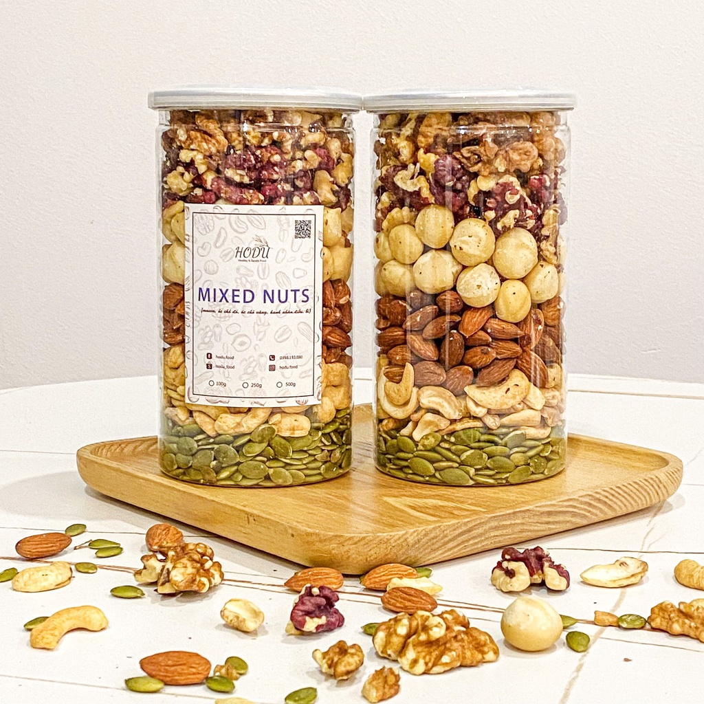 Hạt dinh dưỡng mix 5 loại hạt macca, hạt  điều, óc chó, hạt bí, hạt hạnh nhân hộp 500g loại cao câp