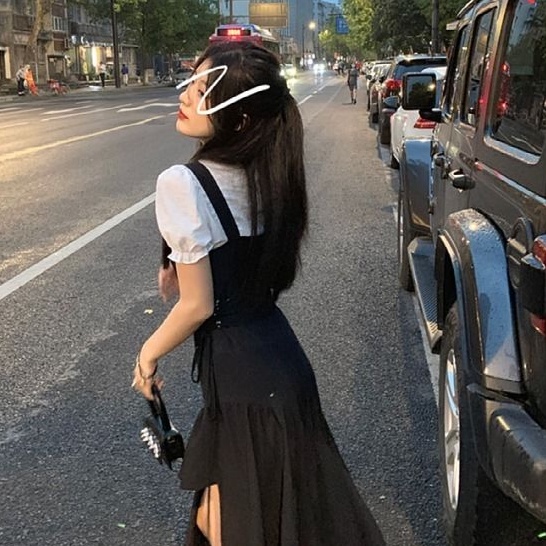 Đầm MURIOKI tay ngắn phồng màu đen phong cách Nhật Bản đi học xinh xắn dành cho nữ