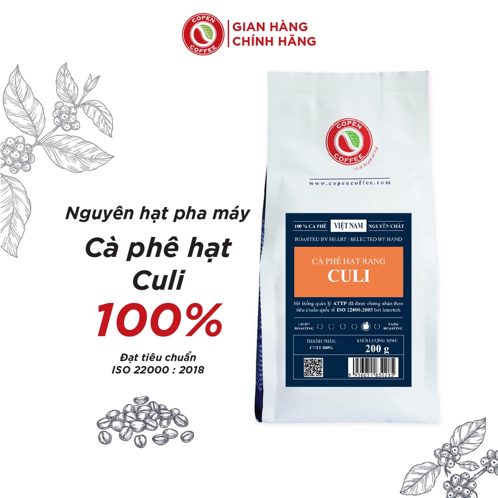 Cà phê hạt nguyên chất Culi rang mộc - Copen Coffee - Hương vị đắng đậm, thơm nồng, hậu vị sâu - Gói 200g