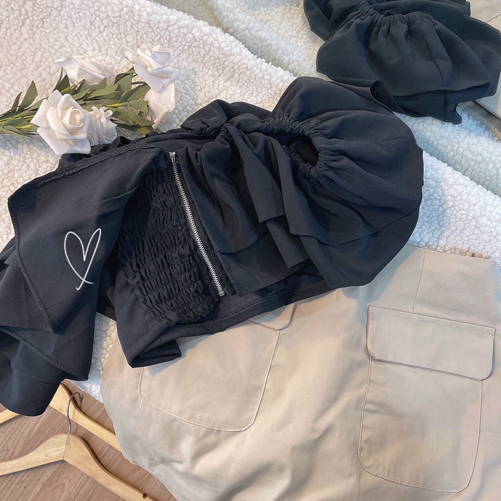 SET ÁO BẸT VAI ĐEN BÈO + CHÂN VÁY TÚI NẮP KEM