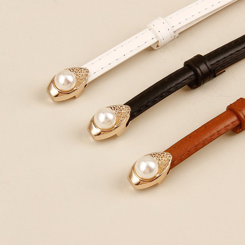 Thắt Lưng Da Bản Nhỏ Đính Hạt Ngọc Trai Thiết Kế Thanh Lịch Dễ Phối Đồ Thời Trang Cho Nữ