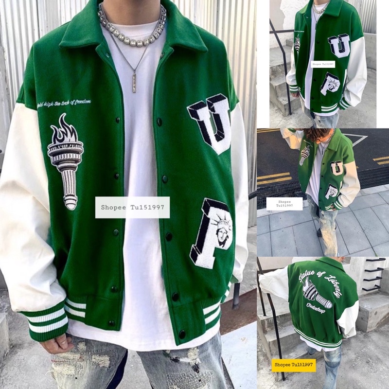 VARSITY JACKET BOMBER VL - Áo khoác nỉ lót bông LV Xanh Lá Siêu Hot