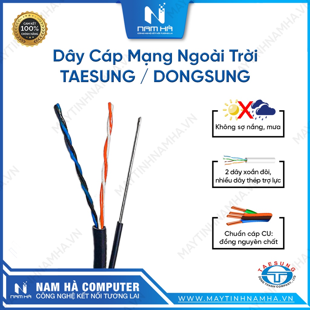 Dây Cáp Mạng Ngoài Trời TAESUNG / DONGSUNG Bấm Sẵn 2 Đầu, Có Cường Lực Thép, Có Dầu Chống Âm, Vỏ Chống Chuột