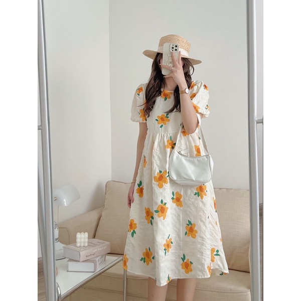 Váy Babydoll hoa cam tay bồng chất nhăn Hàn Quốc - Đầm nữ tay bồng cổ tròn hoa cam nổi bật Kozoda D67