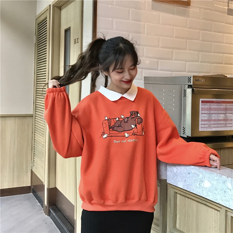 Áo Sweater Có Cổ Dáng Rộng Lót Nhung Dày Dặn In Hình Gấu Thời Trang Mùa Thu