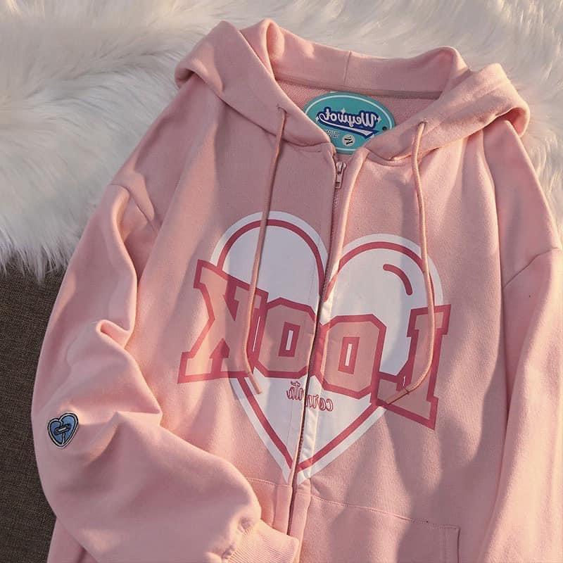 Áo Hoodie Hồng LooK Nữ [FREESHIP]  Hodie Mũ form rộng tay bồng, kiểu dáng vintage cá tính Ulzzang