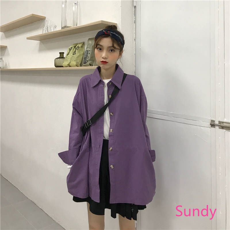 Áo khoác sơ mi tay dài dáng rộng phong cách vintage thời trang mùa thu cho nữ