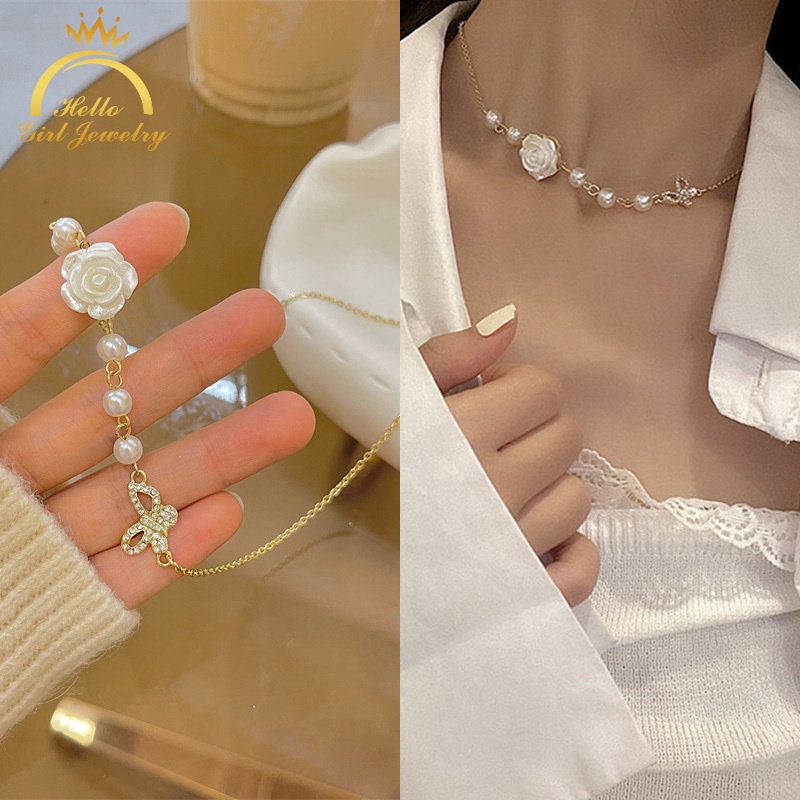 Vòng cổ mặt hoa hồng và bướm đính ngọc trai đơn giản phong cách retro cho nữ