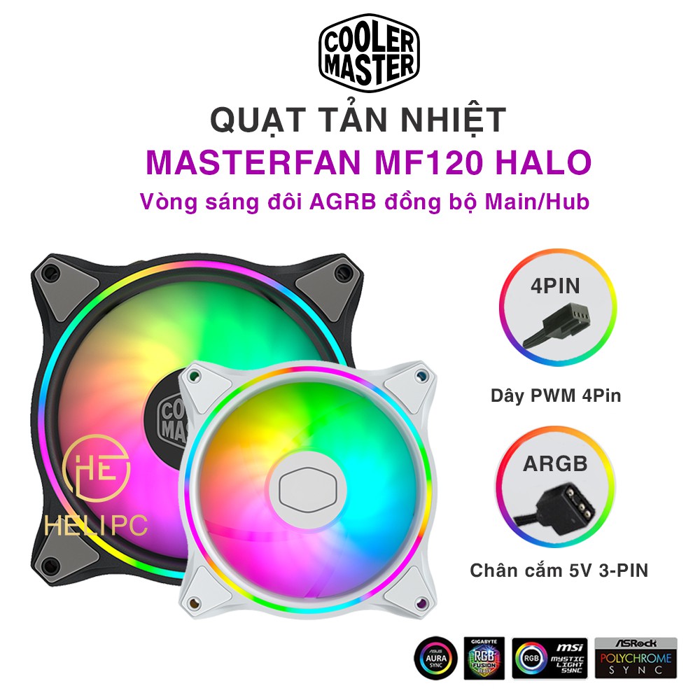 Quạt tản nhiệt case máy tính Cooler Master MasterFan MF120 HALO - LED Rainbow ARGB 2 vòng ring- Quạt MasterFan Case 12cm