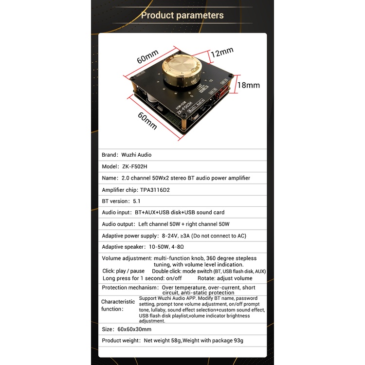 Mô Đun Khuếch Đại Âm Thanh Bluetooth ZK-F502H TPA3116D2 50W+50W