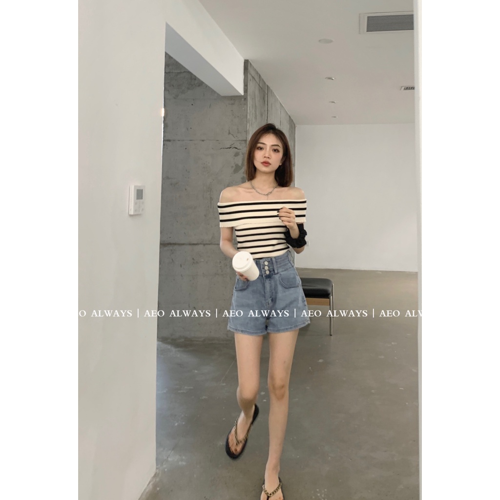 Áo croptop XIAOZHAINV vải dệt kim tay ngắn trễ vai hoạ tiết kẻ sọc thời trang mùa hè quyến rũ