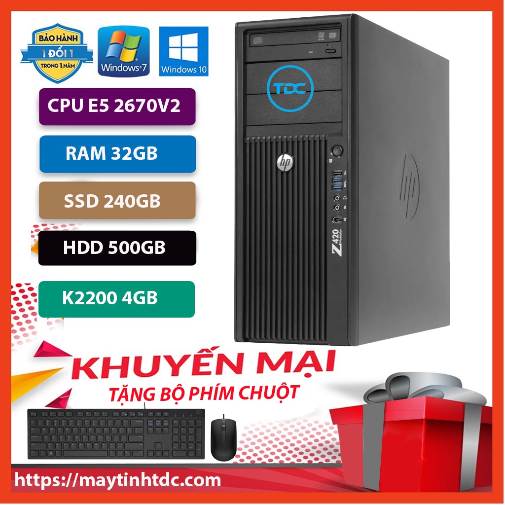 Máy Trạm HP Z420 Chuyên Đồ Họa/Game Nặng CPU E5 2670 V2 Ram 32GB,SSD 240GB,HDD 500GB,Card Rời Quadro K2200+Qùa Tặng