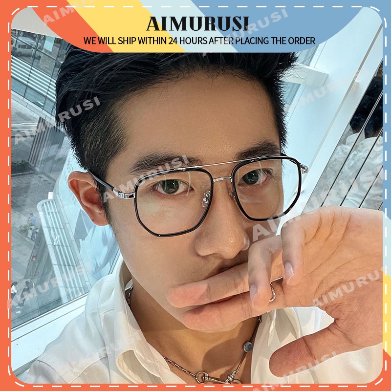 Mắt Kính Gọng Kim Loại Mỏng Tròng Phẳng Kiểu Bất Đối Xứng Chống Ánh Sáng Xanh Thời Trang Cổ Điển Cho Nam Và Nữ
