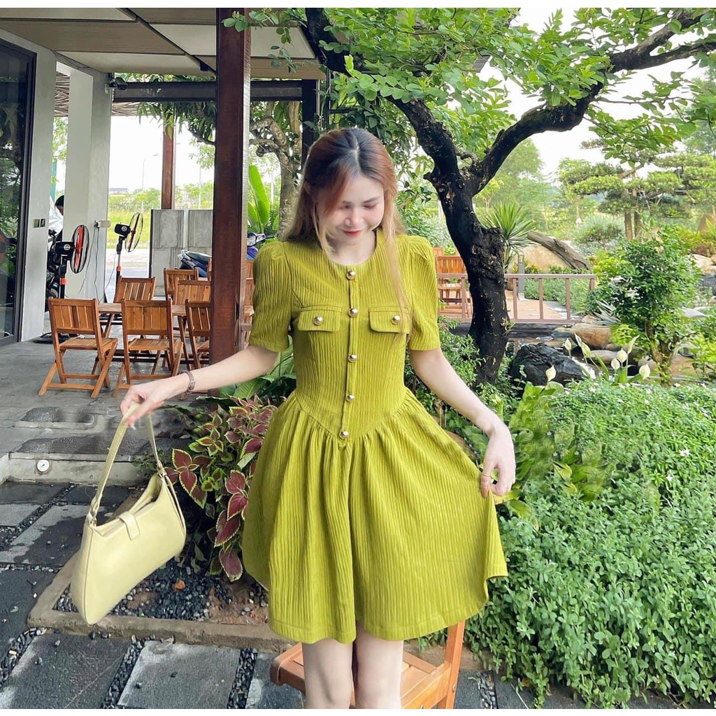 Váy li cúc nhún eo e về màu xanh cốm cúc đồng kẻm ảnh thật trải sàn