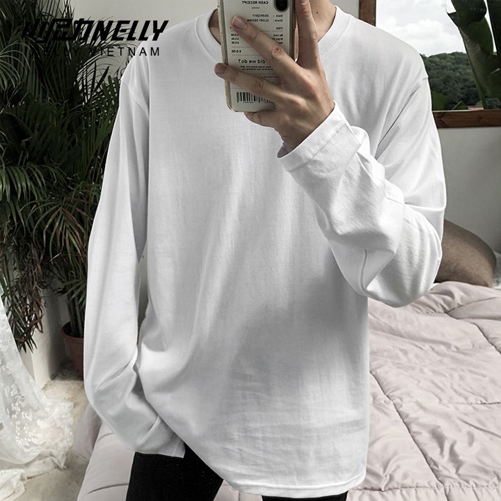 Áo thun dài tay NELLY cotton 100% dáng unisex màu đen trắng trơn mã N0159