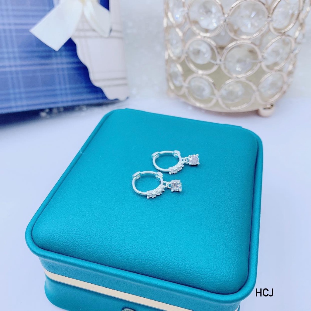 Bông tai bạc nữ đính đá tròn nhỏ chốt bấm LINH MIU SILVER