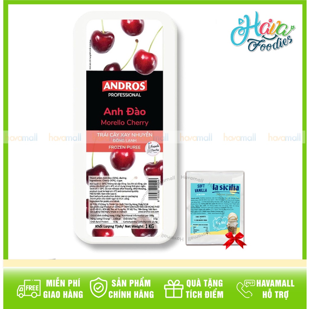 Anh Đào  Xay Nhuyễn Đông Lạnh ANDROS Hộp 1Kg - Tặng Bột Làm Kem