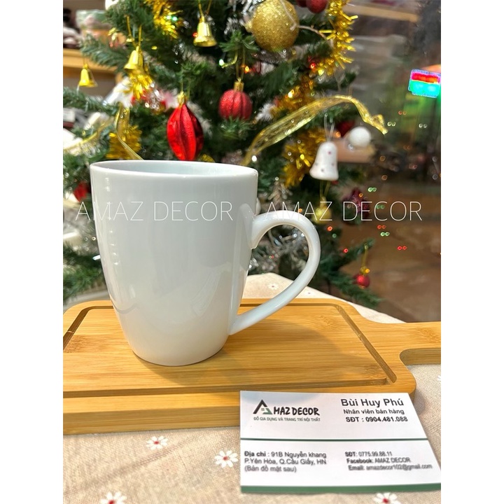 Cốc tách ly sứ uống nước trà cafe sứ Bát  Tràng trắng  dáng thóp 400ml có quai C6017