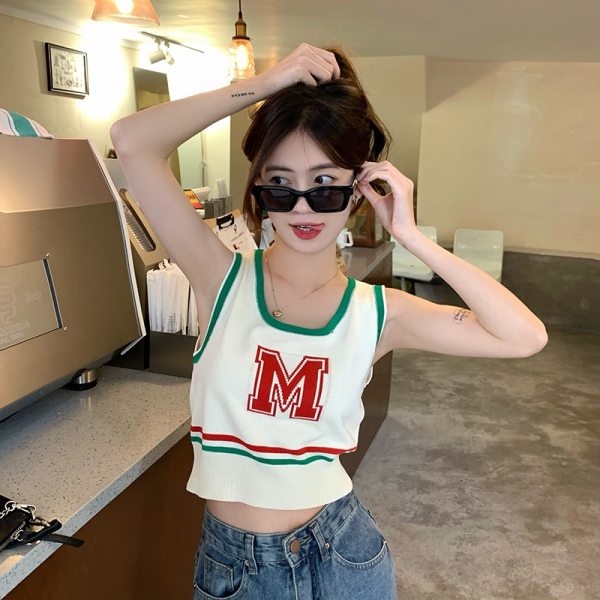 Áo Dệt Kim Sát Nách Thêu Chữ Phối Màu Tương Phản Kiểu Retro Thời Trang