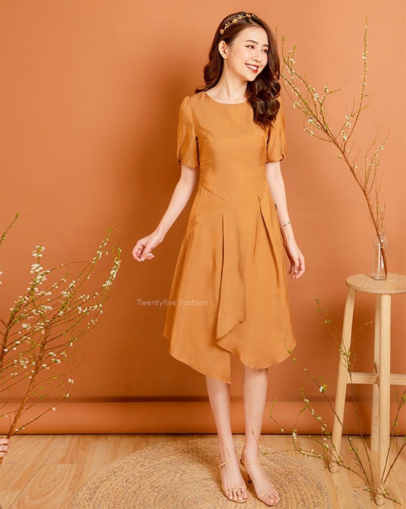 Đầm nữ dự tiệc đắp tà dáng ôm cổ tròn tay bồng Twentyfive N2100