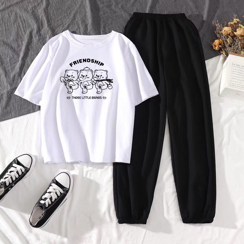 Sét Áo Gấu nhảy + quần bom chun, Áo thun from rộng, Chất đẹp không xù, quần suông ống rộng, Sét bộ mặc ở nhà - MODY