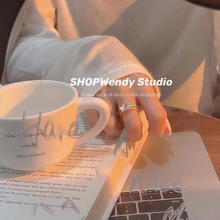 iF YOU Nhẫn   mạ bạc đính kim cương hồng trái tim phong cách Hàn Quốc cổ điển cho nữ