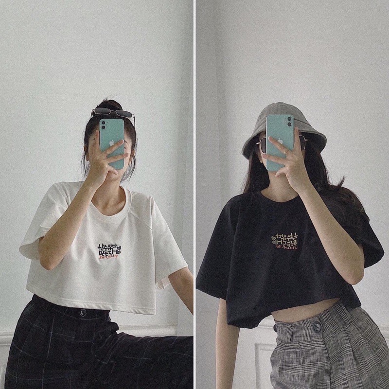 [Rẻ Vô ĐịchÁo Thun Nữ Croptop 💥FREESHIP💥 Áo Tay Lỡ Cotton Thêu Chữ Hàn