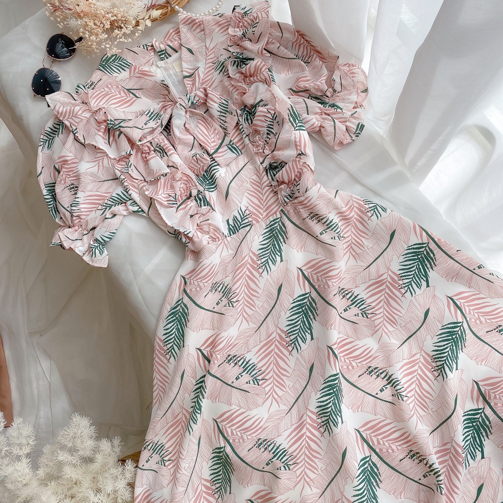 🌸ĐẦM HỒNG XANH HOẠ TIẾT CỘT EO - CHẤT LIỆU CAO CẤP - MÀU HỒNG / XANH BÁNH BÈO | BigBuy360 - bigbuy360.vn