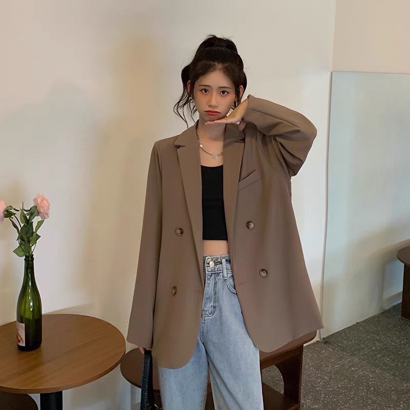Áo khoác vest blazer nữ, áo vest nữ dài tay dáng Freesize 2 màu nâu tây, đen order Taobao 2022
