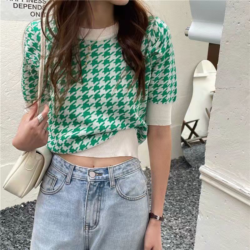 Áo RENJIANVSHENG 175248 tay ngắn họa tiết houndstooth thời trang mùa hè cá tính