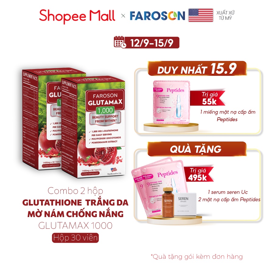Combo 2 hộp viên uống glutathione trắng da mờ nám chống nắng Glutamax 1000 2x30 viên