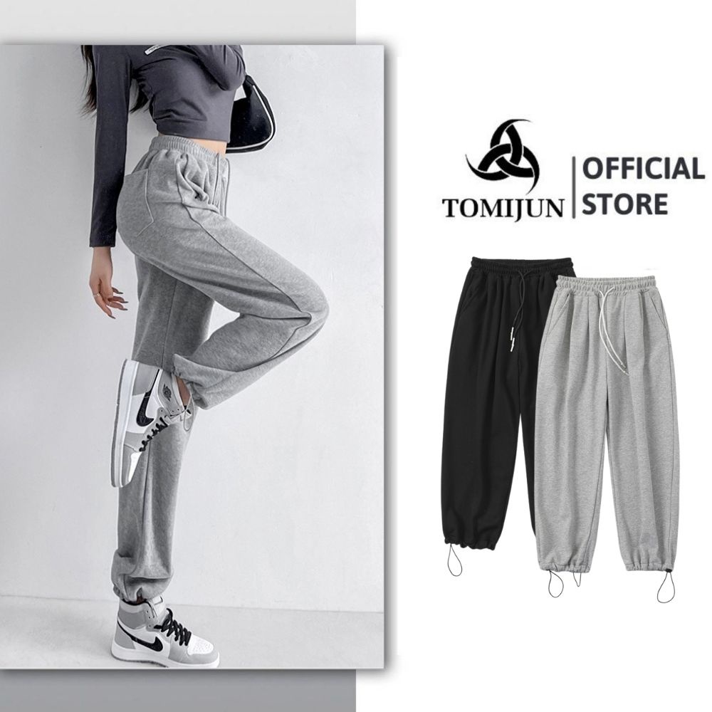 Quần dài ống rộng TOMIJUN Unisex, quần dài cạp chun có dây rút, mặc 2 kiểu bo và suông vải nỉ co dãn dày dặn mặc 4 mùa