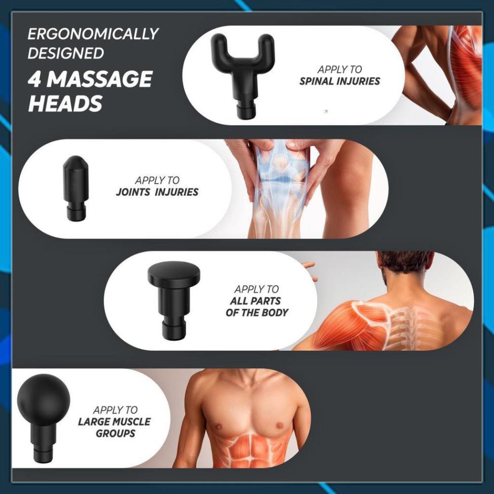 Súng Massage Giãn Cơ Fascial Gun, Máy Massage Cầm Tay 4 Đầu 6 Chế Độ