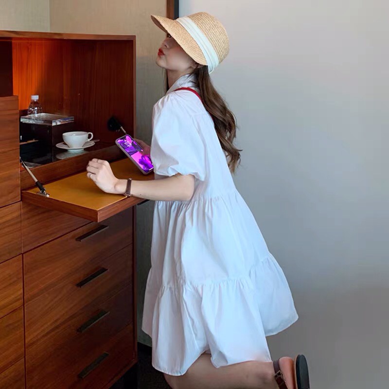 Đầm Sơ Mi Trắng Cộc Tay Váy Babydoll Nữ Dáng Lỡ