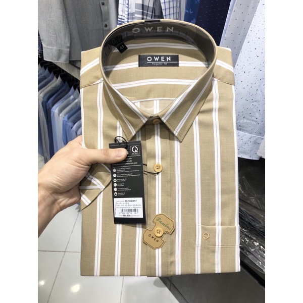 Áo sơ mi owen ngắn tay màu be trắng kẻ sọc regular fit vải sợi tre AR220416NT
