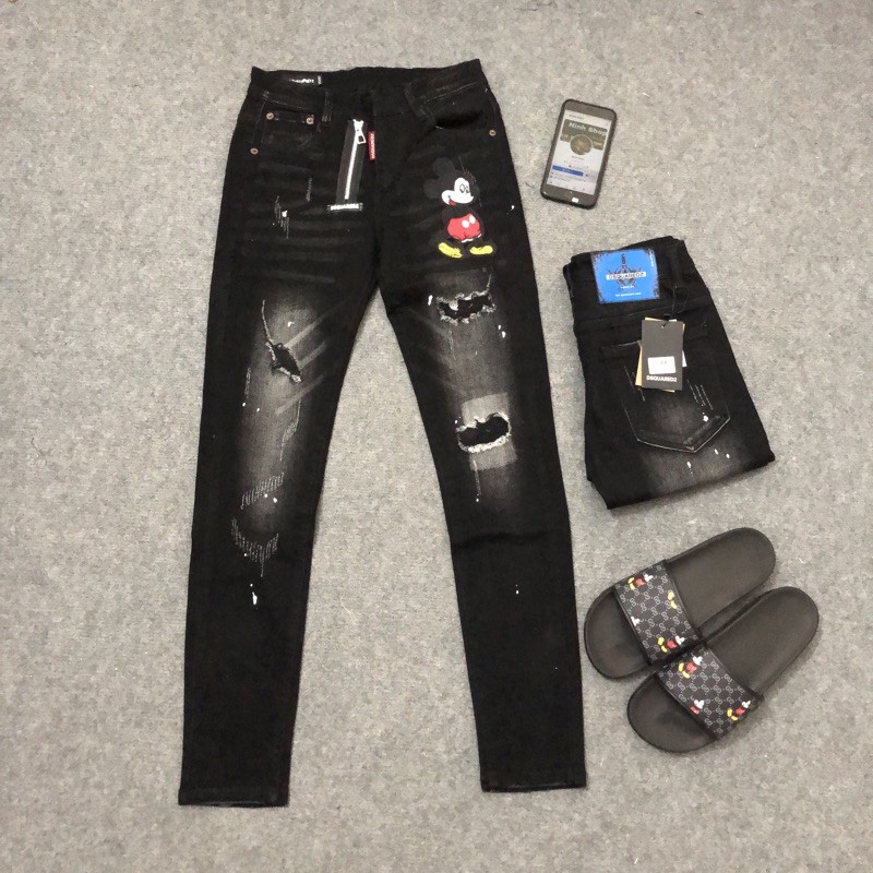 Quần bò nam ống côn Mickey khoá lệch hot trend 2022 - Jean biker